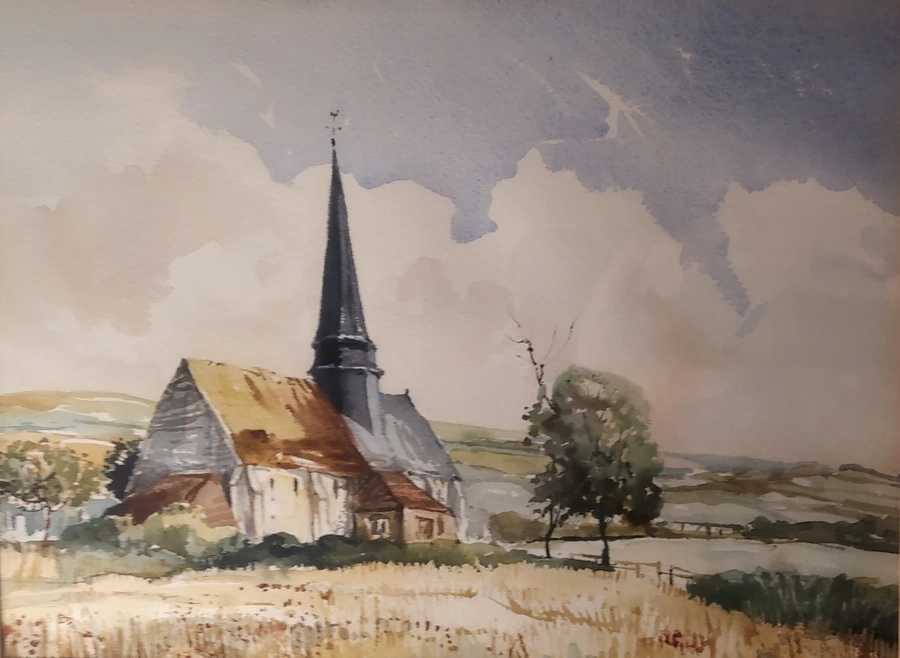water colour painting of a rural church in Brittany, France