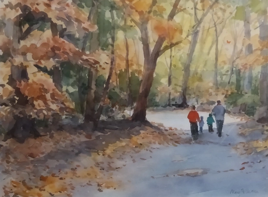 water colour painting of a family walking in Ruislip woods