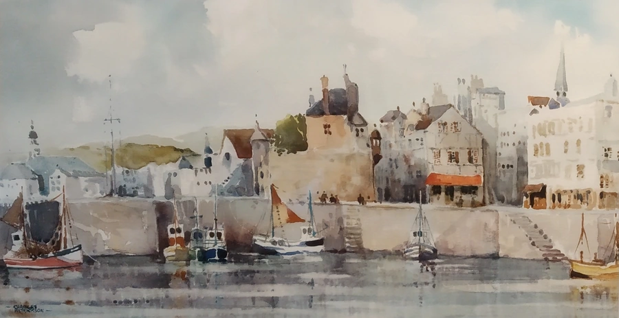 water colour painting of a tranquil harbour